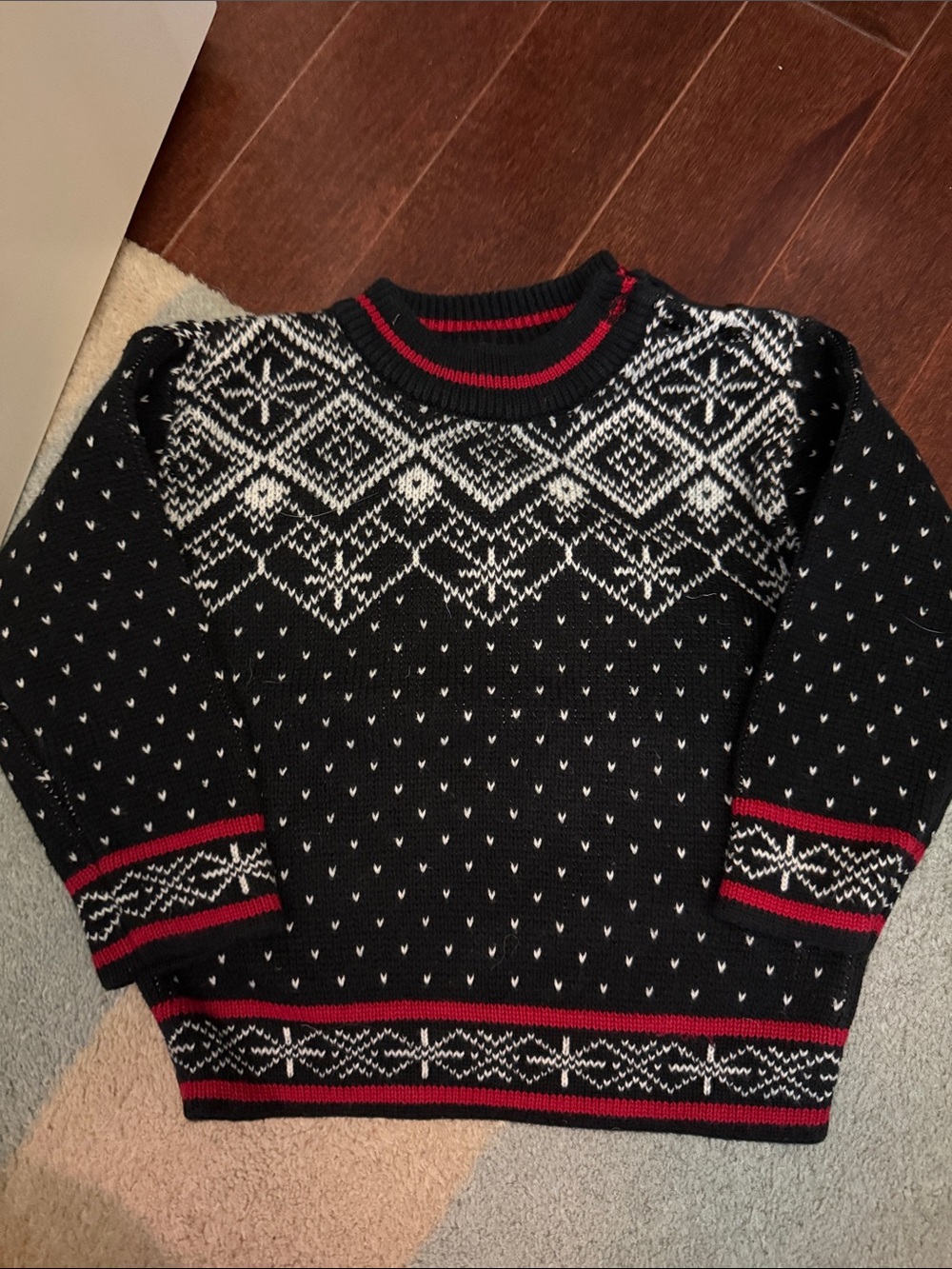 Black and White Nordic-Pattern Men's Sweater with Red Trim